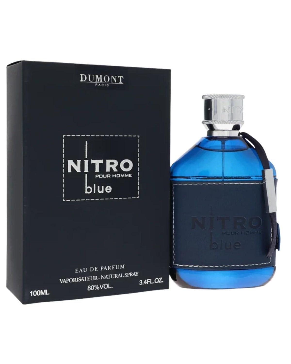 Dumont Paris Nitro Blue Eau de Parfum 3.4oz bottle with navy box