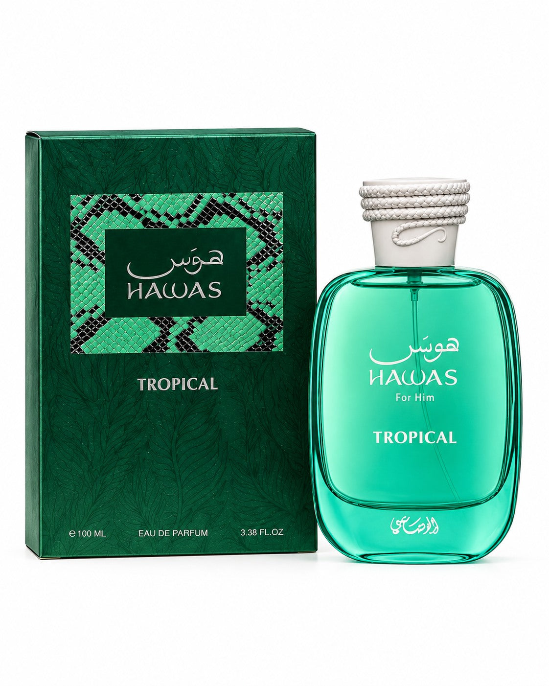 Rasasi Hawas Tropical Eau de Parfum 3.38oz bottle with green box
